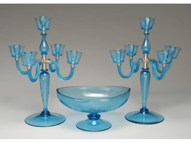 A Steuben wheel-engraved celeste blue glass table garniture