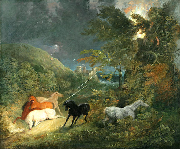 Circle of Thomas Cole (British, 1801-1848) Horses Caught in a Lightening Storm 25 x 30in