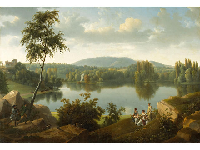 Alexandre Hyacinthe Dunouy (French, 1757-1841) An extensive landscape with figures greeting hunters along the banks of a river 35 1/4 x 51in (89.4 x 129.5cm)