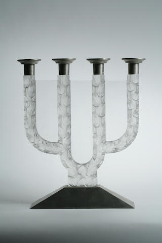 A Ren&#233; Lalique molded and frosted glass candlestick: Quatre Branches Sorbier