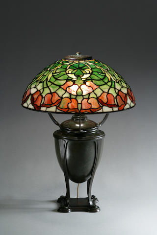 A Tiffany Studios Favrile glass and bronze Bellflower lamp