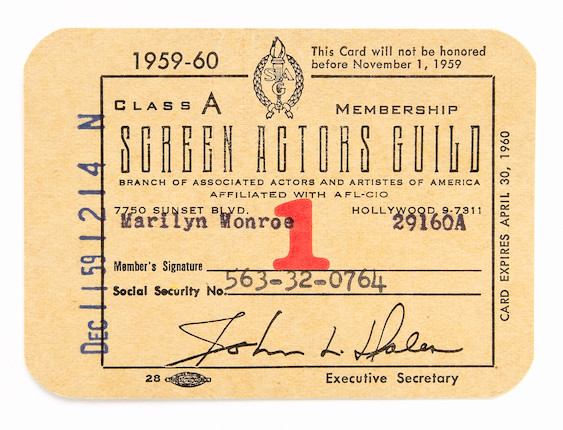 A Marilyn Monroe Screen Actors Guild membership card, 1959-1960 image 1