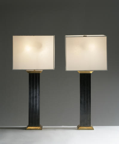 A pair of Karl Springer patinated-metal and brass lamps