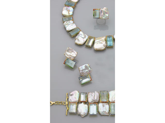 Suite of Aquamarine and Freshwater Pearl Jewelry