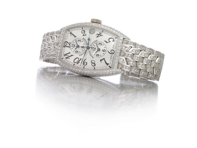 Franck Muller. A fine and rare 18k white gold and diamond set self-winding tonneau shape triple-time zone calendar bracelet watchMaster Banker, Ref.5850MB, No.580, 1990s