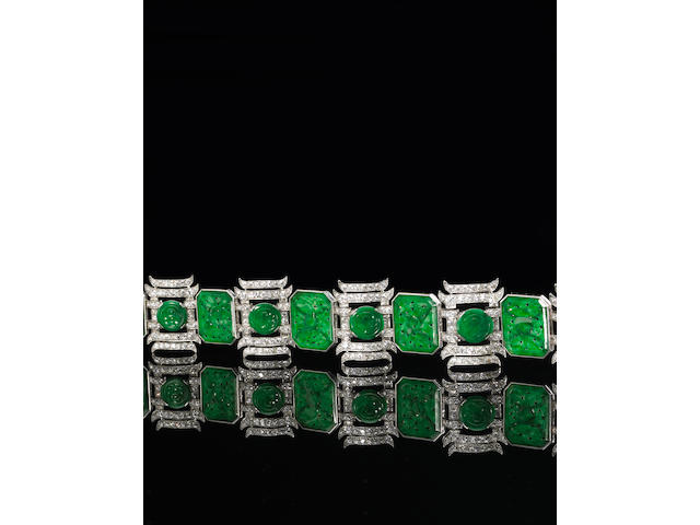 A jadeite jade, diamond and platinum bracelet