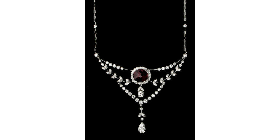 A ruby, diamond, and eighteen karat white gold necklace,