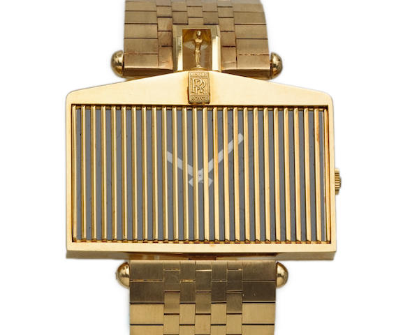 Corum. A fine and unusual 18k gold asymmetrical wristwatch in the form of a Rolls Royce grill on 18k gold Corum braceletRef.55585H12, 1980s
