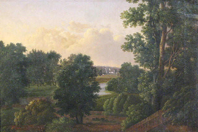Continental School (19th century) A river landscape with a village in the distance  15 x 22in