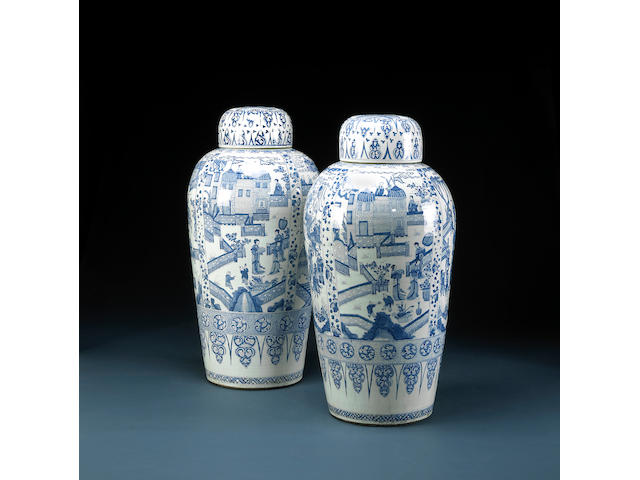 Two massive blue and white porcelain covered jars Kangxi Period