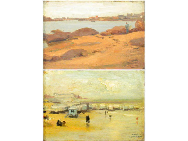 Hubert-Denis Etcheverry (French, 1867-1950) A coastal scene of Ploumanach, France; A coastal scene with figures by a beach (2) 5 1/2 x 8 1/2in; 5 1/2 x 8 1/2in