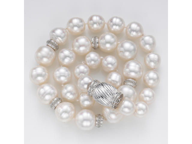 A South Sea semi-baroque cultured pearl, diamond and fourteen karat white gold necklace