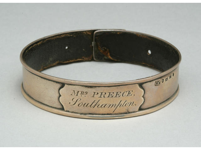 A Victorian silver and leather adjustable collar with heart-shaped lock