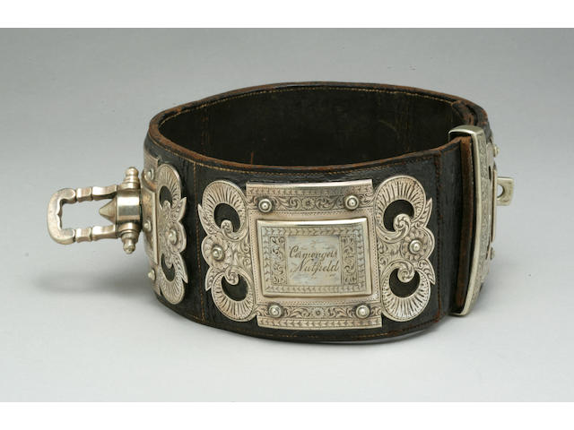 Victorian lavishly engraved silvered metal and leather collar in the baroque taste