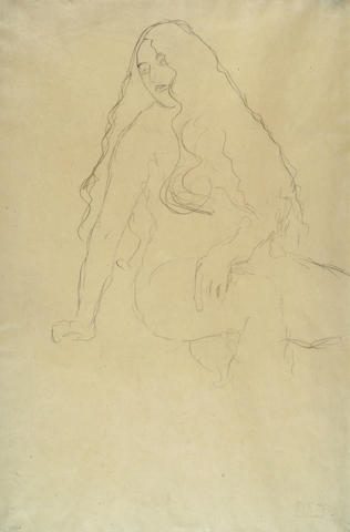 Gustav Klimt (Austrian, 1862-1918) Seated Female Nude with Long Hair, c. 1917 - 1918 22 1/16 x 14 1/2in (56 x 37cm)