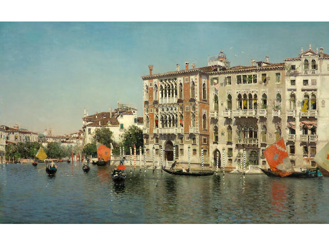 Martin Rico y Ortega (Spanish, 1833-1908) A view of Palazzo Cavalli and Palazzo Barbaro on the Grand Canal 32 x 51 1/2in (81.2 x 130.8cm)