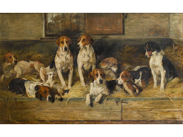 John Emms (British, 1843-1912) Hounds and a terrier on a bench 22 1/16 x 36 in. (56 x 91.5 cm.)