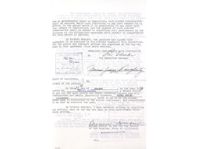 A Marilyn Monroe/Norma Jeane Dougherty first contract from 20th Century Fox relating to her work, her name change, and her termination, signed four times, 1946