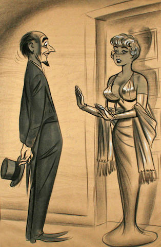 Bonhams : A Bill Ward cartoon of a young woman and a mature man in front of  a door
