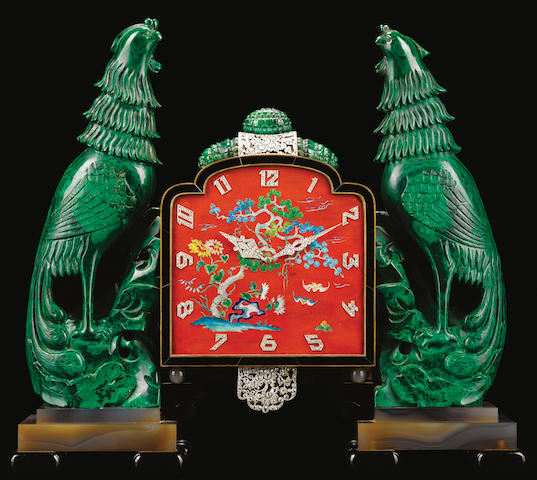 "Property from The Estate of Ernestine Koska Smith" Vacheron & Constantin. An exceptional malacite, black onyx, gold and diamond set eight-day going Art Deco Chinoiserie desk clock Movement No.406420, elaborate case by Verger Fr&#232;res, 1920's, Retailed by Osterag, Paris.