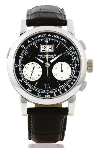 A. Lange & S&#246;hne. A fine platinum wristwatch with fly-back chronograph and factory fitted box and papersDatograph, Case number 148184, Sold in 2006