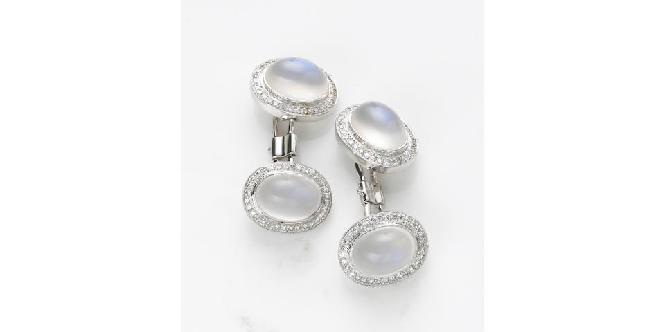 A pair of moonstone, diamond and 18k white gold cufflinks