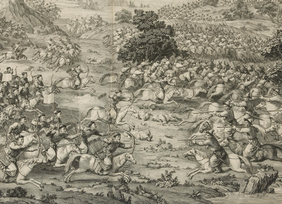 A copper-plate engraving of The Victory of Khorgos Qianlong Period