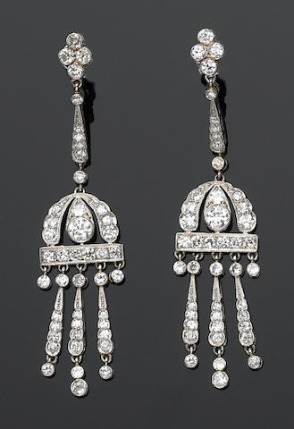 Bonhams : A pair of art deco diamond and platinum earrings