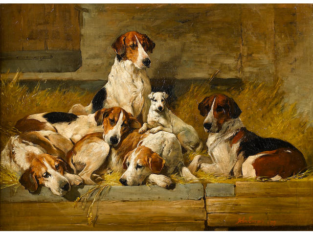John Emms (British, 1843-1912) Foxhounds and a hunt terrier on a bench 20 x 26 3/4 in. (51 x 68 cm.)