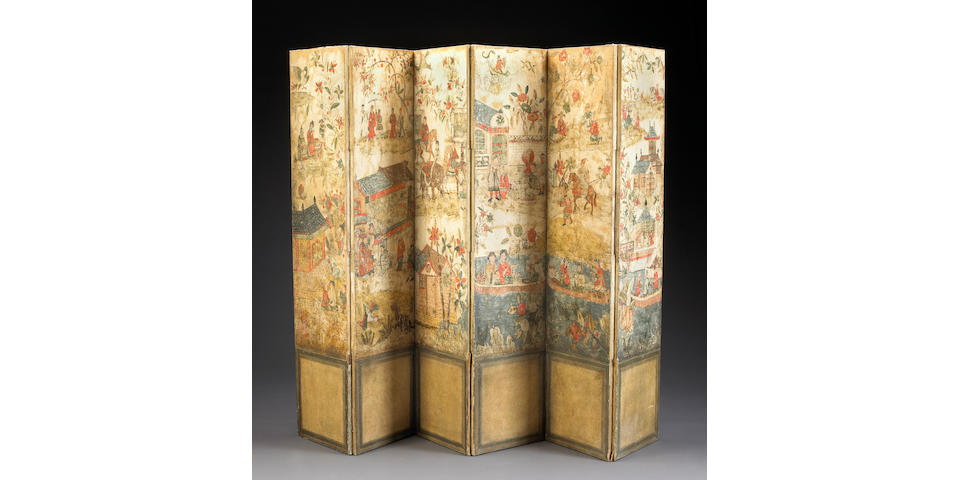 A Continental six-panel painted canvas folding floor screen