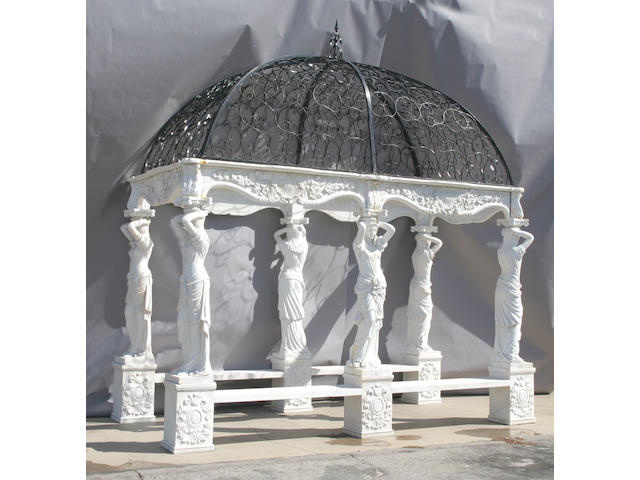 An unusual Baroque style white marble, t&#244;le and iron garden gazebo