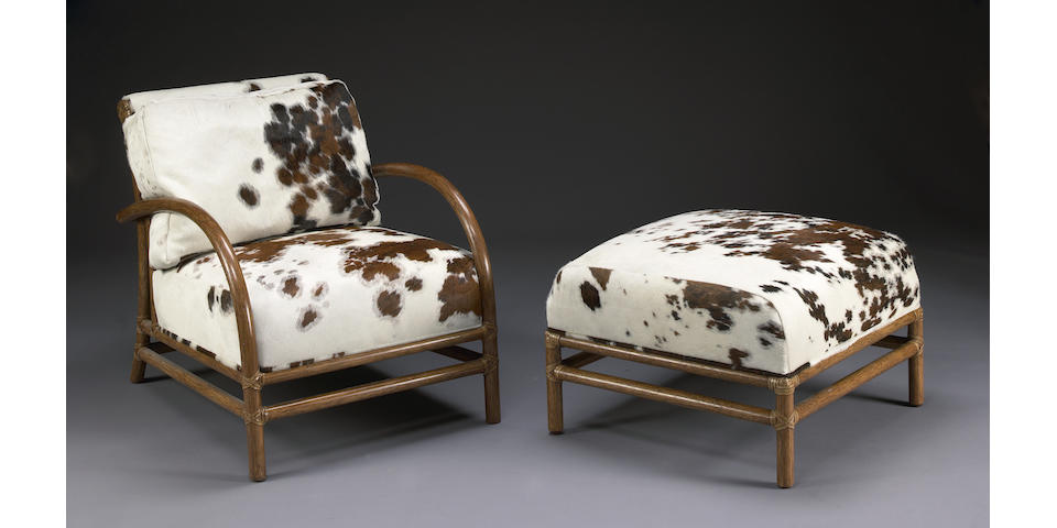 An O Diaz Ascuy 'Toscana' bamboo and cowhide upholstered club chair and ottoman