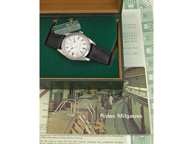 Rolex. A fine and very rare stainless steel self-winding anti-magnetic wristwatch with rare dial, Rolex presentation case, punch-numbered chronometer certificate, Milgauss instruction booklet, numbered swig tags and recent Rolex service receiptOyster Perpetual Milgauss, Ref.1019 with CERN dial, Case No.1636639, made in 1967