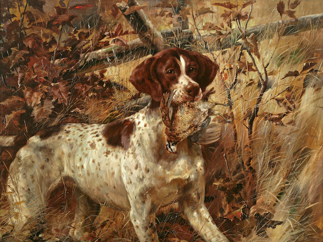 Edmund Henry Osthaus (American, 1858-1928) Pointer Soft-Mouthing a Quail 27 1/2 x 36in