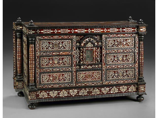 A South American Colonial shell and tortoiseshell mounted ebonized cabinet possibly Peruvian