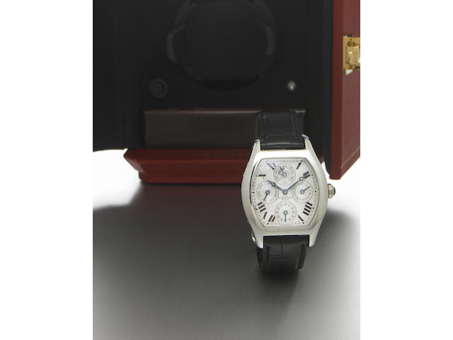 Cartier. A fine and rare platinum special-edition tonneau-shape dual time-zone perpetual calendar wristwatch with leap year indicatorTortue Quantieme Perpetual, Privee Collection, No.33 made circa 2004