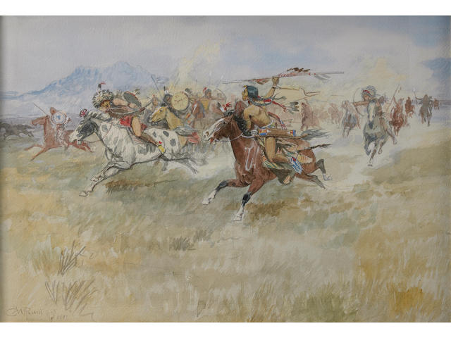 Charles Marion Russell (American, 1864-1926) The Battle between the Blackfeet and the Piegans, 1897 14 3/4 x 21 1/4in