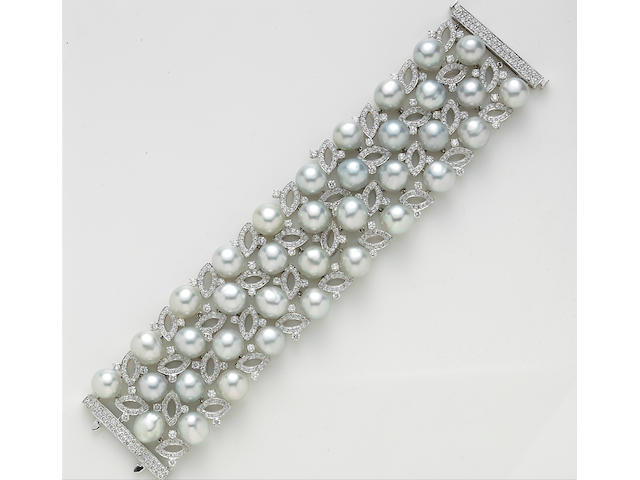 A diamond and baroque South Sea cultured pearl wide bracelet