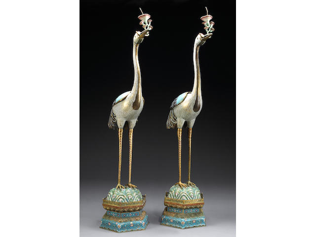 A pair of massive pieced cloisonn&#233; enamel decorated metal standing cranes