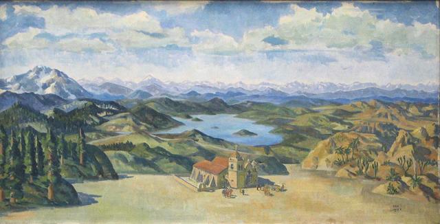 Kenneth Sawyer (American, active 1920-1940) An imaginary view of a mission in a landscape 36 x 70in