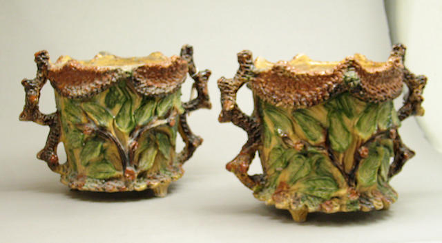 A pair of rustic glazed terracotta jardini&#232;res