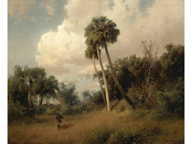 Herman Herzog (German, 1832-1932) A Hunter among Windswept Palms and Passing Clouds 22 x 27in