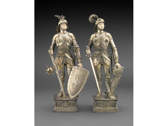 German Sterling Parcel-Gilt and Ivory Pair of Knight Figures Retailed by I. Freeman & Son, Ltd.