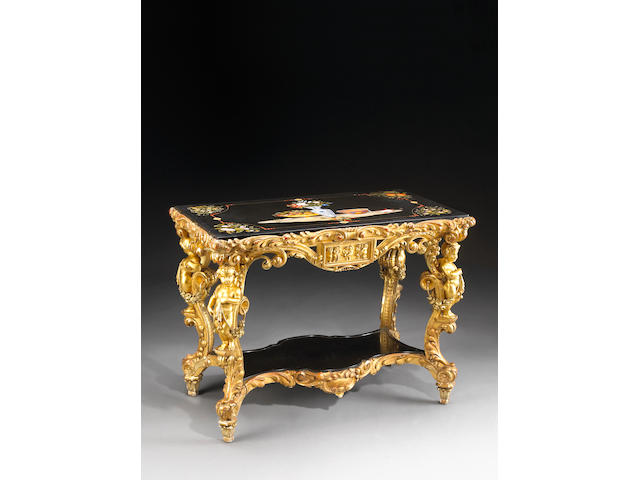 A fine Italian Baroque Revival giltwood and pietra dura center table  probably Florence  mid 19th century