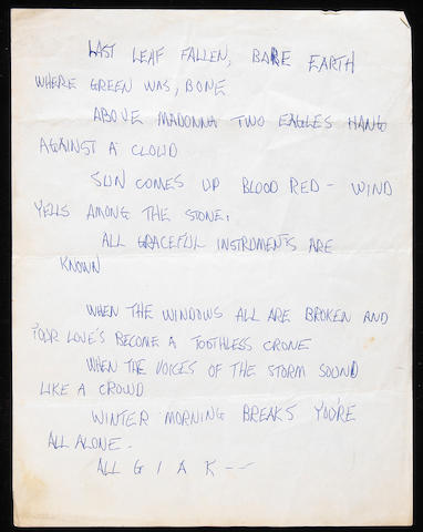 A Ron "Pig Pen" McKernan page of handwritten lyrics for The Grateful Dead song, 'New Potato Caboose,' circa 1968