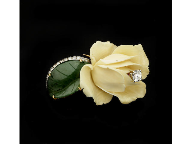 A diamond, ivory and jade clip-brooch, Cartier, Paris