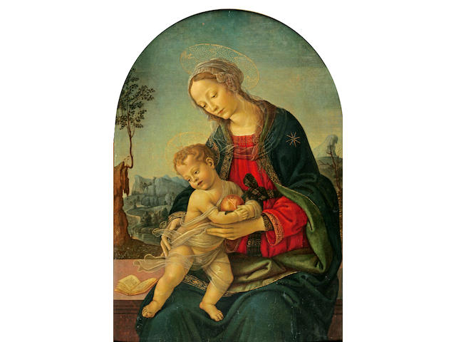 Master of the Naumberg Madonna (Florence, active 1450-1485) The Madonna and Child in a landscape shaped top, 30 5/8 x 14 3/4in (77.6 x 50.3cm)