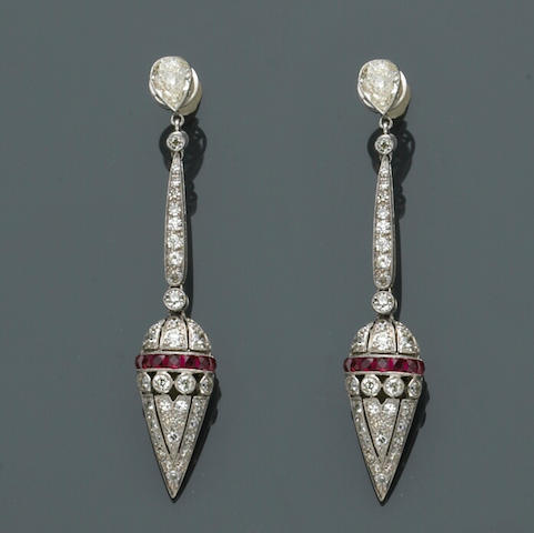 Bonhams : A pair of diamond and ruby earrings