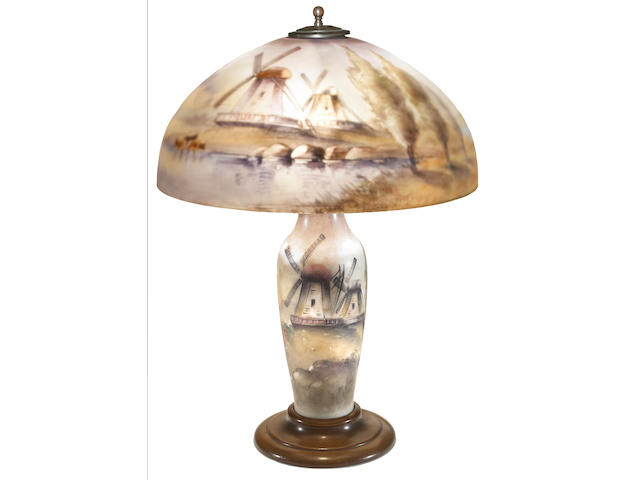 A rare Pairpoint interior-painted glass and porcelain Windmill lamp