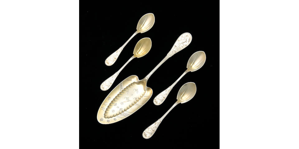 Parcel-Gilt Sterling Japanese Set Twelve Ice Cream Spoons and Cake Server by Tiffany & Co.